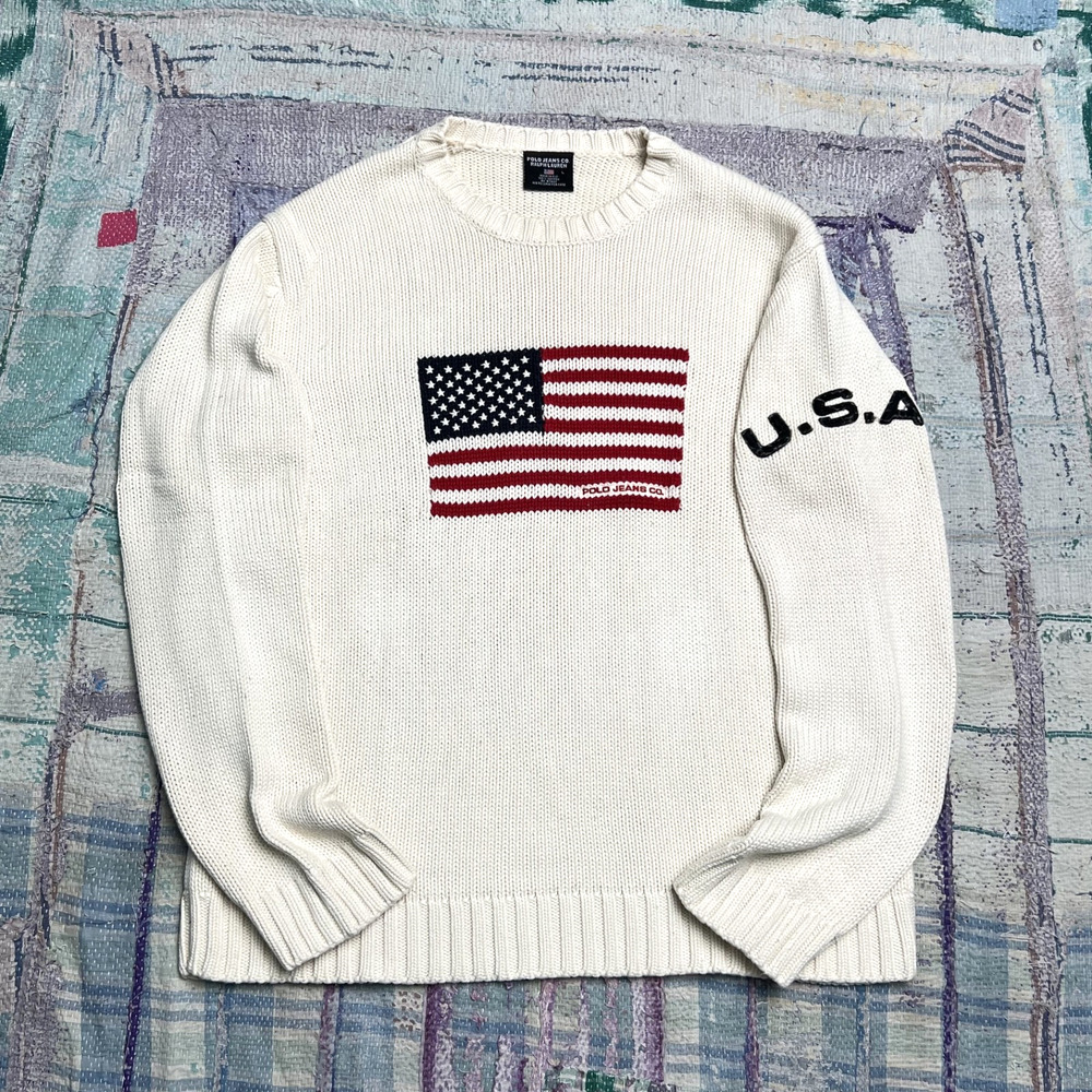 Vintage Polo Jeans Co Ralph Lauren Big Logo USA Flag Sweater Men Size L White